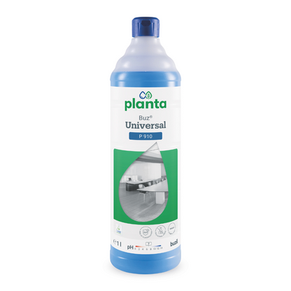 A 1-liter bottle of Buzil Planta Buz® Universal P 910 Ecological Universal Cleaner from BUZIL-WERK Wagner GmbH & Co. KG with a blue cap and a label featuring product details such as a pH indicator, the EU Ecolabel, and a room image.
