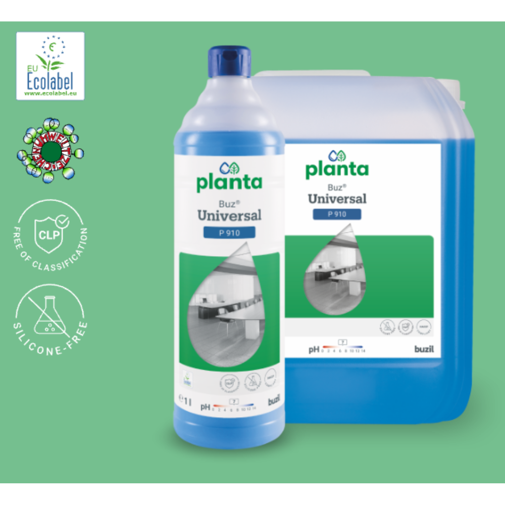 The image shows two containers of cleaning agents against a green background: a bottle and a larger container of the Ecological Universal Cleaner Buzil Planta Buz® Universal P 910 from BUZIL-WERK Wagner GmbH & Co. KG. The labels highlight features such as "EU Ecolabel," "silicone-free," and "pH-neutral." The universal cleaner is marked as an ecological product.
