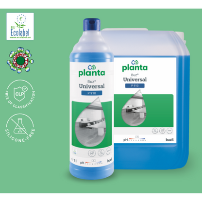 The image shows two containers of cleaning agents against a green background: a bottle and a larger container of the Ecological Universal Cleaner Buzil Planta Buz® Universal P 910 from BUZIL-WERK Wagner GmbH & Co. KG. The labels highlight features such as "EU Ecolabel," "silicone-free," and "pH-neutral." The universal cleaner is marked as an ecological product.