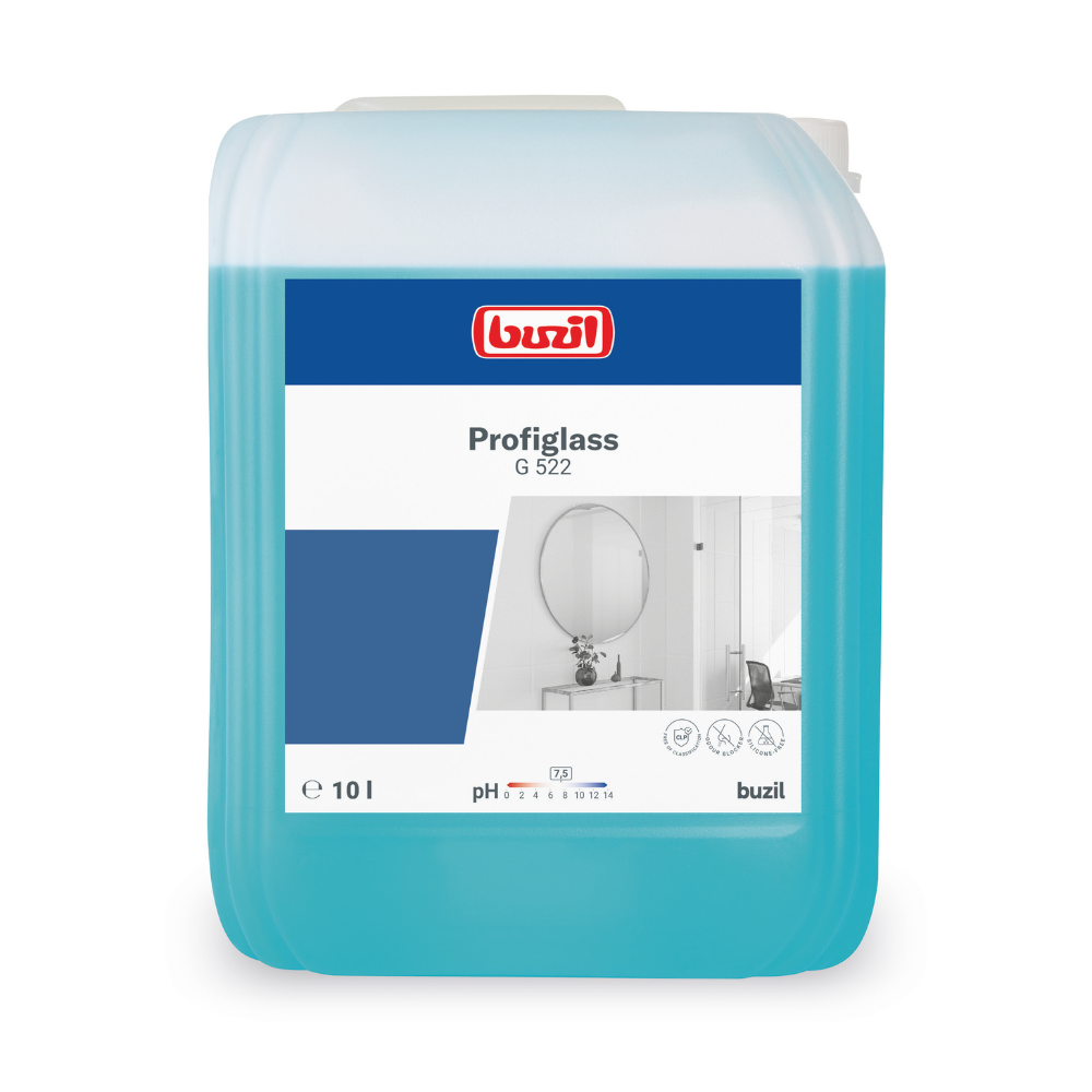 A 10-liter container of Buzil Profiglass G 522 ready-to-use glass and surface cleaner from BUZIL-WERK Wagner GmbH & Co. KG. This blue liquid provides streak-free shine and effectively removes greasy residues. The label proudly displays the brand name, product name, and pH value, complemented by the decorative image of a round mirror.
