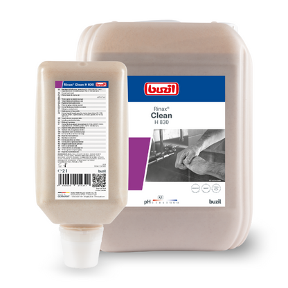 The image shows two containers of Buzil Rinax® Clean H 830 hand wash lotion from BUZIL-WERK Wagner GmbH & Co. KG. The larger container is a jug with a handle, while the smaller one is a bottle with a dosing cap. Both labels emphasize the gentle cleaning and professional hygiene of the hands, thereby highlighting the formulation of the hand wash lotion.