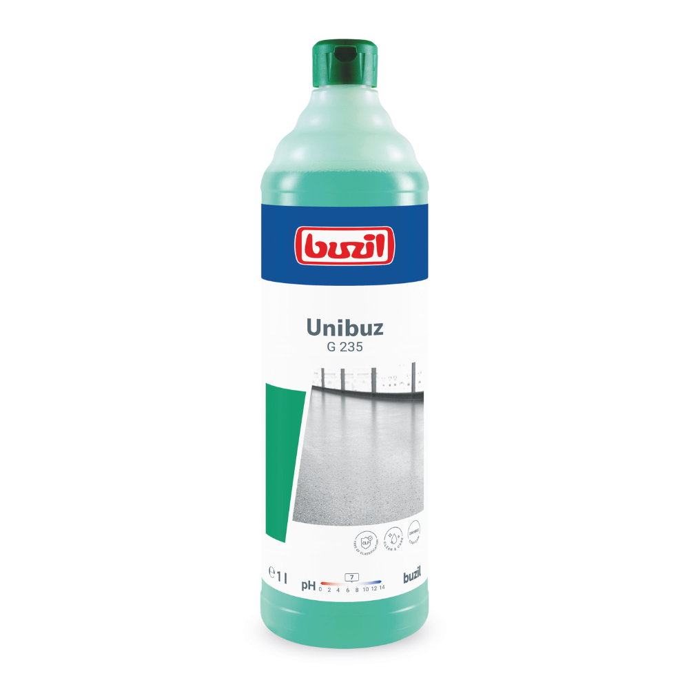 Image of a green bottle labeled "Buzil Unibuz G 235 Floor Care Based on Water-Soluble Polymers" by BUZIL-WERK Wagner GmbH & Co. KG, showing a picture of a clean, shiny floor achieved with streak-free cleanliness. The matching green bottle cap and the 1-liter capacity marking are pictured below.