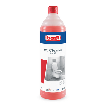 A bottle of Buzil WC Cleaner G 465 Viscous Sanitary Basic Cleaner, manufactured by BUZIL-WERK Wagner GmbH & Co. KG, is designed for the effective removal of lime and urine scale. The red bottle features a bright blue-white label with a toilet image as well as the brand name and product text and is sealed with a matching red cap.