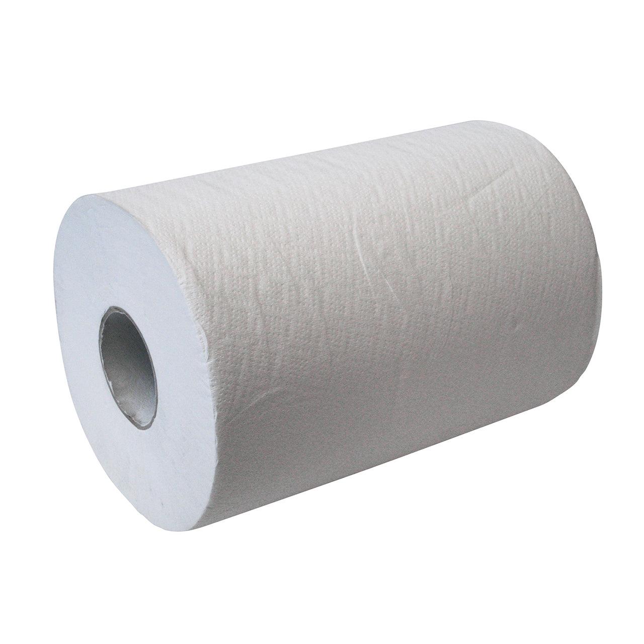 The CWS paper towel rolls 2-ply, high white unperforated from CWS have a visible gray cardboard sleeve and are ideal for hygienic hand drying, presented against a plain white background.