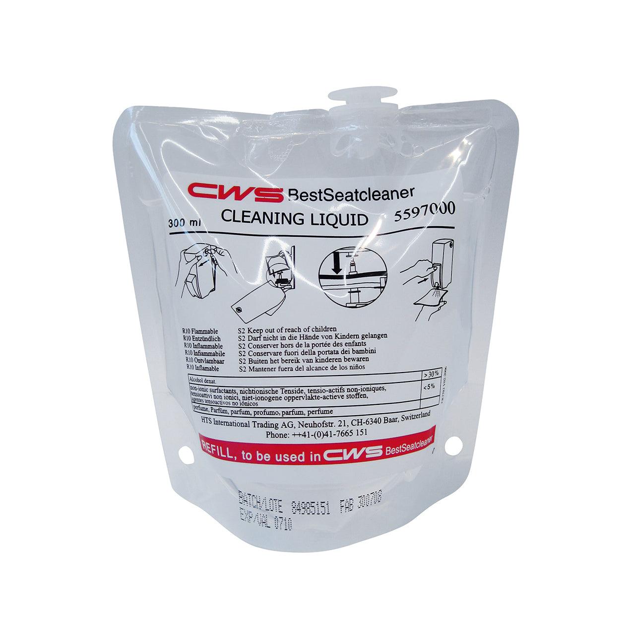 The CWS Liquid Toilet Seat Cleaner | 1 piece is a clear plastic bag containing 300 ml from CWS, labeled for hygienic use. It is equipped with a black and red instruction and features a spout with a hanging hole for easy handling.
