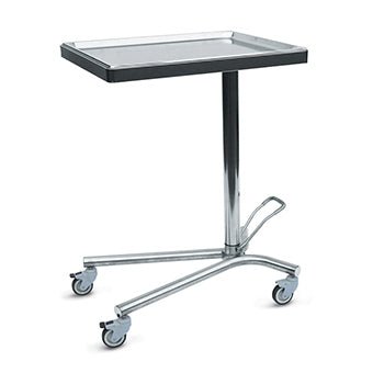 The Novocal OP side table is a stainless steel side table with a removable, sterilizable shelf, ideal as operating room furniture in medical or laboratory facilities; contains one piece per package.