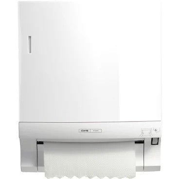 The CWS front panel for Paperroll paper towel dispensers is a white, wall-mounted device with a visible paper towel roll and a smooth, rectangular design - ideal for washroom optimization.