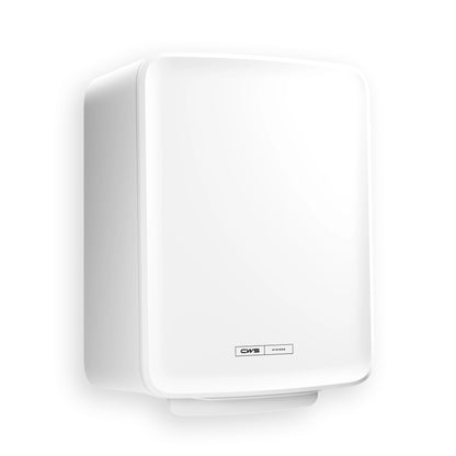 Die CWS PureLine Paperroll NT Hybrid ist ein weißer, rechteckiger, wandmontierter Händetrockner mit abgerundeten Kanten und einem kleinen CWS Etikett mit Branding in der unteren Mitte.