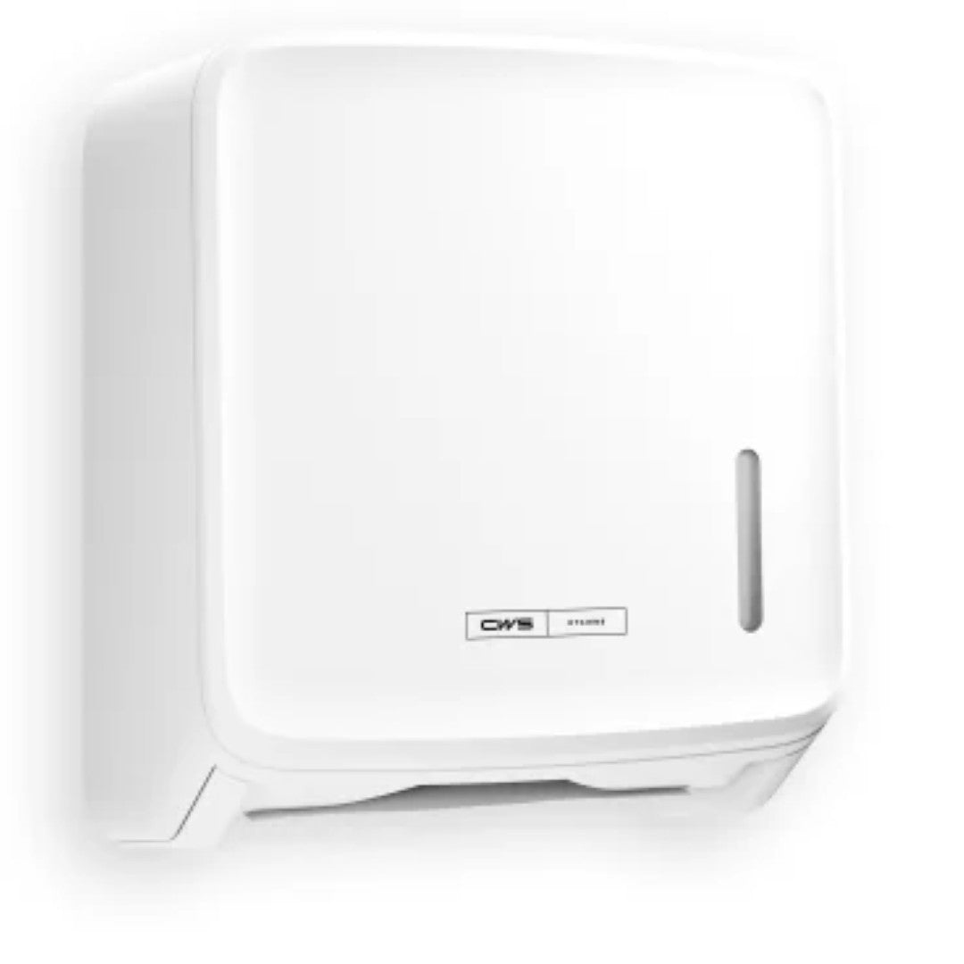 Der CWS PureLine Paper Faltpapierspender | Packung (1 Stück) von CWS ist ein weißer, wandmontierter Spender mit einem vertikalen Sichtfenster zur Kontrolle des Papiervorrats und einem Markenetikett, ideal für die hygienische Aufbewahrung, abgebildet auf einem schlichten weißen Hintergrund.