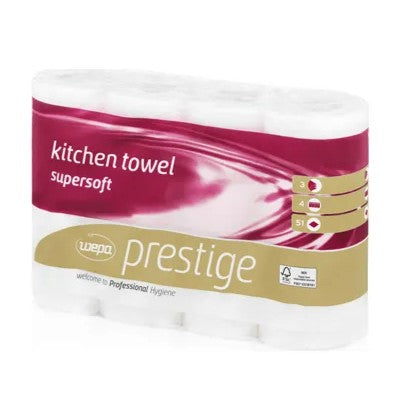 A pack of CWS Prestige 3-ply kitchen rolls, high white, contains 8 packs of white, super soft, and easy-to-clean kitchen rolls in chestnut brown and golden design with the branding "welcome Professional Hygiene".