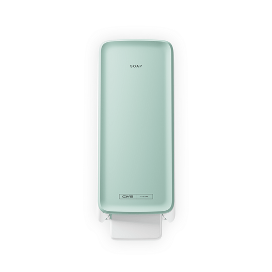 Ein mintgrüner CWS PureLine Cream Seifenspender von CWS mit dem Schriftzug "SOAP" oben und einem weißen Druckhebel, von oben auf weißem Hintergrund dargestellt - ideal für jeden Waschraum.
