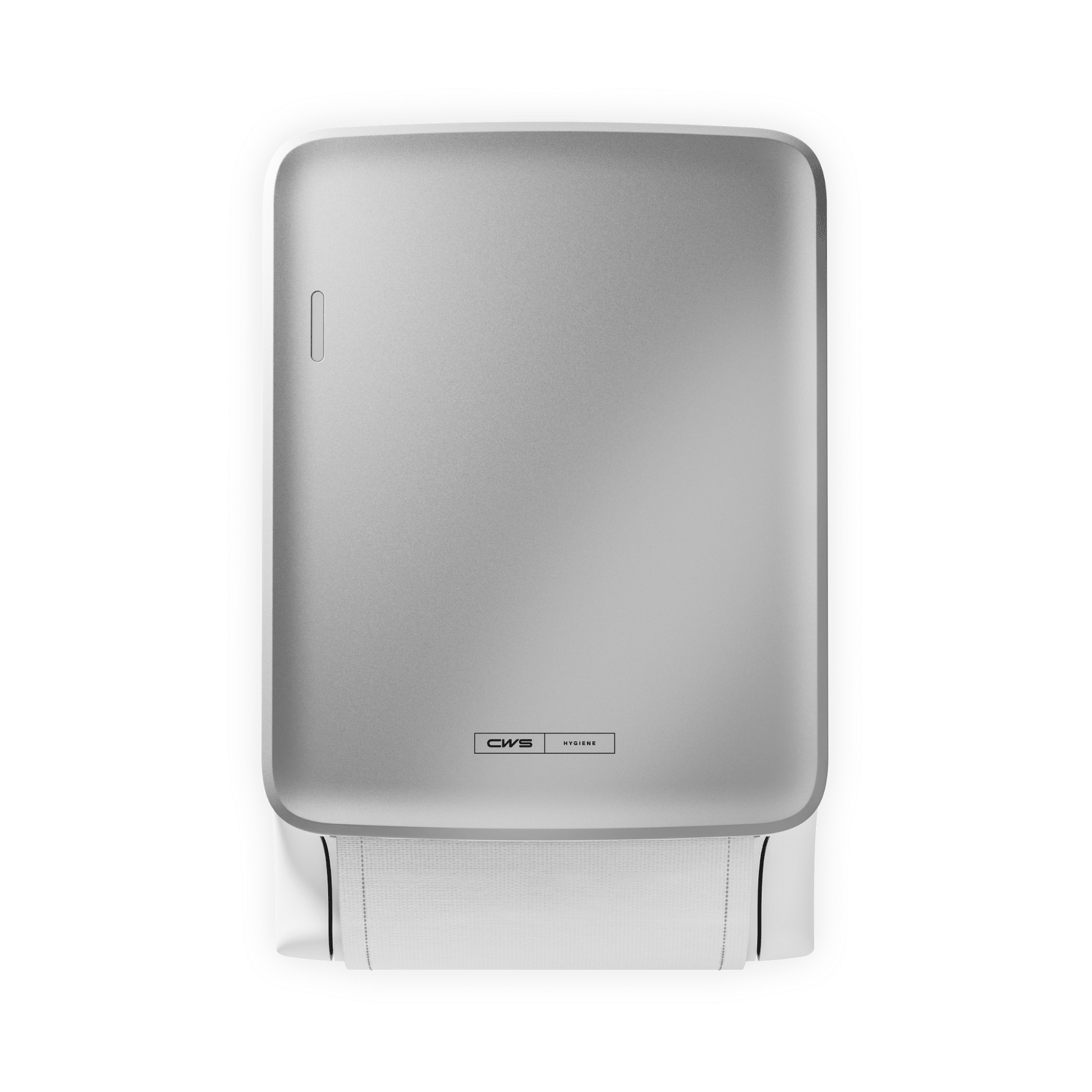 Der CWS PureLine Dry von CWS ist ein silberner, wandmontierter Spender mit einem kleinen Logo in der Nähe des Sockels. Er spendet einzelne Blätter weißer Papierhandtücher und fördert die Hygiene durch sein schlichtes, nachhaltiges Design vor einem schlichten Hintergrund.