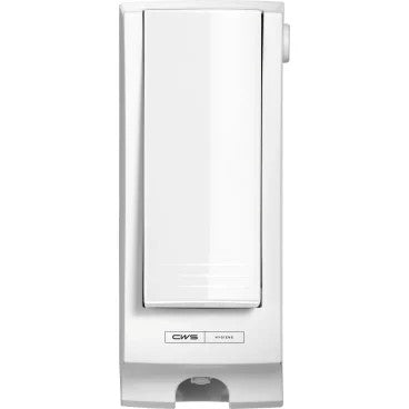 The CWS front panel for Paradise Seatcleaner is a white, rectangular, wall-mounted dispenser with a push lever and small dispensing opening, designed for toilet hygiene and ideal for use with Paradise Seatcleaner products.