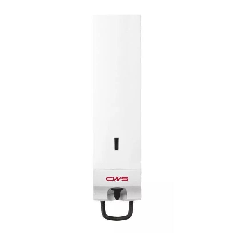 The CWS panel white for - ParadiseLine hand lotion dispenser | 1 piece is a white, rectangular wall dispenser with a black viewing window and red "CWS" lettering on the front, as well as a black lever for easy use in public spaces.