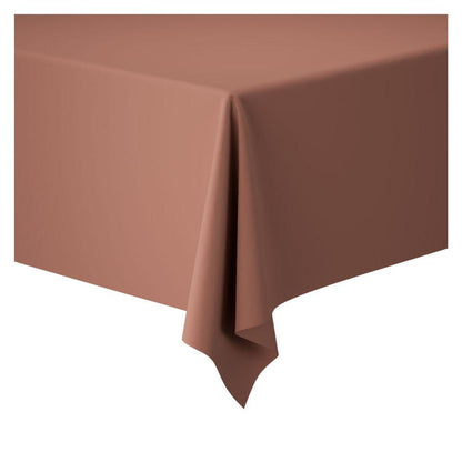 A rectangular table is covered with Dunicel tablecloth rolls (1.18 m x 25 m) from Duni GmbH in plain brown, hanging over the edges – perfect for flexible table decoration at large events against a plain white background.