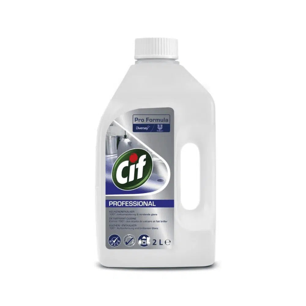 A 2-liter bottle of Cif Professional Kitchen Descaler features a blue and white label with the Cif logo, text, and symbols indicating the professional cleaning formula. This product from Diversey Deutschland GmbH & Co. OHG is perfect for lime removal in the kitchen and has a side handle for easy handling.