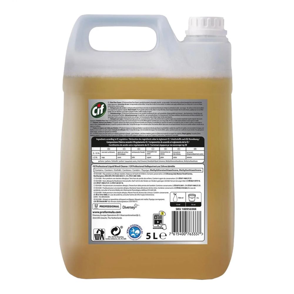 A 5-liter container of Cif Professional Wood Floor Cleaner from Diversey Deutschland GmbH & Co. OHG features a handle and a screw cap, making it perfect for professional cleaning. The label includes product information, instructions, and safety symbols. The light amber liquid inside is ideal for maintaining the shine of laminate floors.