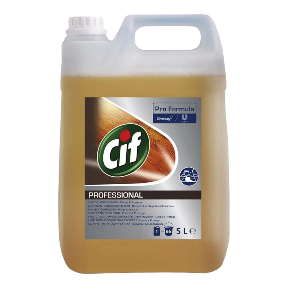 A 5-liter container of Cif Professional Wood Floor Cleaner from Diversey Deutschland GmbH & Co. OHG, specifically designed for wood and laminate floors. The semi-transparent packaging with a white handle and closure displays a wood surface design as well as the Cif logo, emphasizing its use in professional cleaning as part of the Pro Formula series.