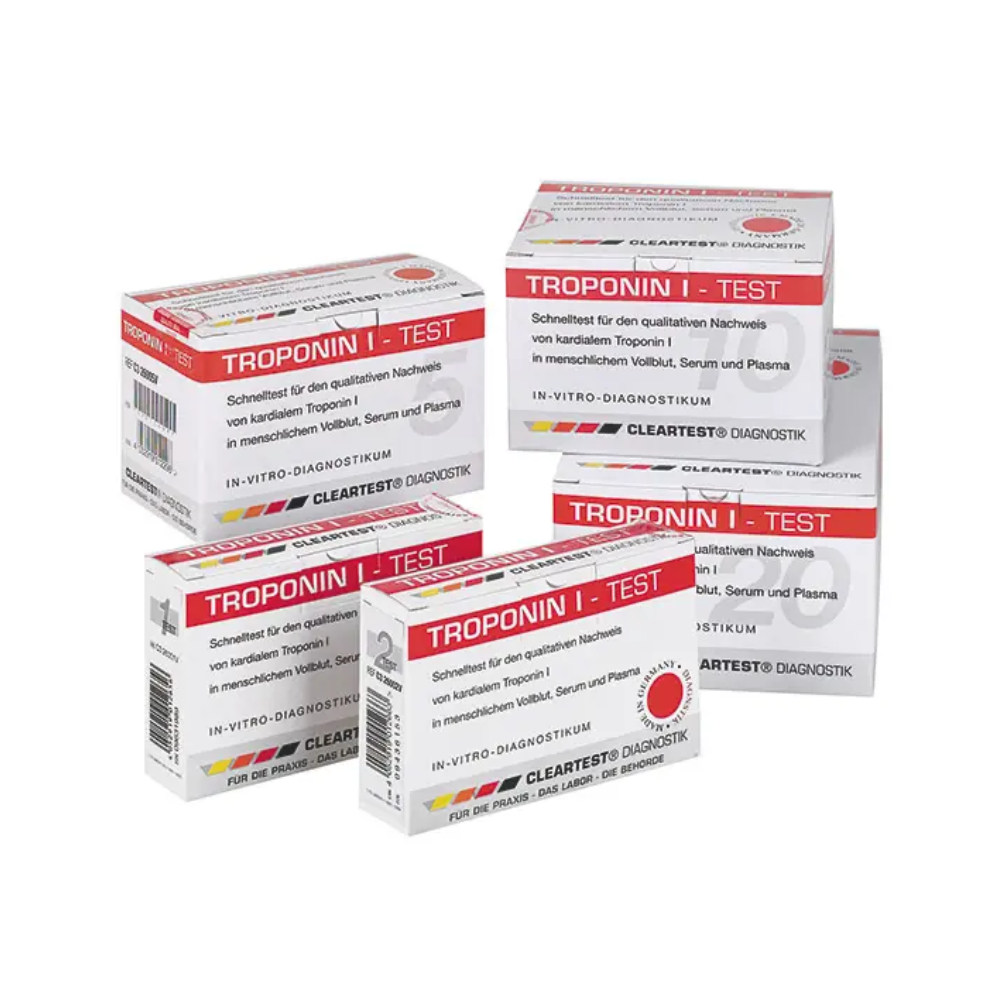 Five boxes of the Cleartest® Troponin I Whole Blood Infarction Test from Servoprax GmbH are arranged together. The packaging is mainly white with red accents and contains texts about in-vitro diagnostics and the Cleartest brand, which specializes in the diagnosis of acute coronary syndrome and heart attack.