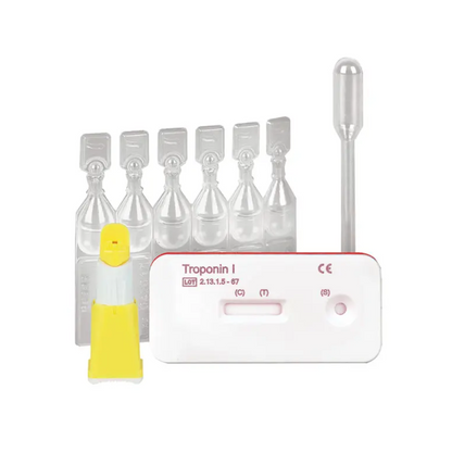The Cleartest® Troponin I Whole Blood Infarction Test from Servoprax GmbH is a medical rapid test for diagnosing acute coronary syndrome. It comes with a marked test cassette, sealed reagents, a pipette, and a plastic dropper bottle. The cassette has a result window for quick and precise detection of heart attacks.