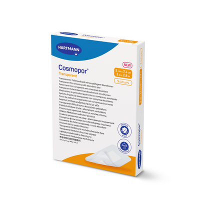The box of Cosmopor Transparent Sterile Transparent Dressing by Paul Hartmann AG is white with blue and orange accents, shows product details, has a size of 5 cm x 7.2 cm, and displays an image of the bacteria-repellent wound pad dressing on the lower front.
