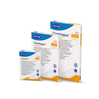 Three boxes of Cosmopor Transparent Sterile Transparent Dressing by Paul Hartmann AG in various sizes are presented with blue and orange branding. Each box features properties such as breathability and the comfort of a waterproof dressing for excellent protection against water.