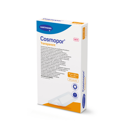 The image shows a box of Cosmopor Transparent Sterile Transparent Dressing by Paul Hartmann AG. The packaging is white with orange and blue text. The dimensions are 10 cm x 20 cm, and the package contains bacteria-repellent wound pads and 25 pieces per box.