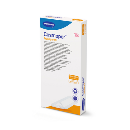 The Cosmopor Transparent Sterile Plasters by Paul Hartmann AG come in an elegant white packaging with blue-orange lettering and contain a 10 cm x 25 cm large wound pad. Inside are 25 sterile, bacteria-resistant plasters.
