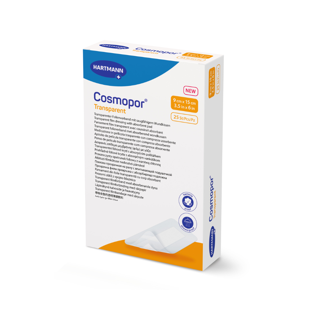 The image shows a box with 25 wound dressings “Cosmopor Transparent sterile Transparent Dressing” by Paul Hartmann AG in the format 9 cm x 15 cm. The predominantly white packaging is marked with the word “new” and a blue-orange print that indicates the bacteria-repellent properties.