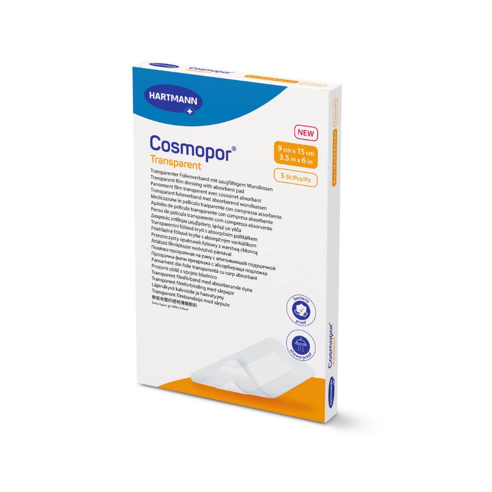 Pictured is a rectangular box with sterile Cosmopor Transparent Dressings by Paul Hartmann AG, highlighting their hypoallergenic, antibacterial, and waterproof properties. The box contains wound dressings in the format 9 cm x 15 cm (3.5 inches x 6 inches), each with five pieces.