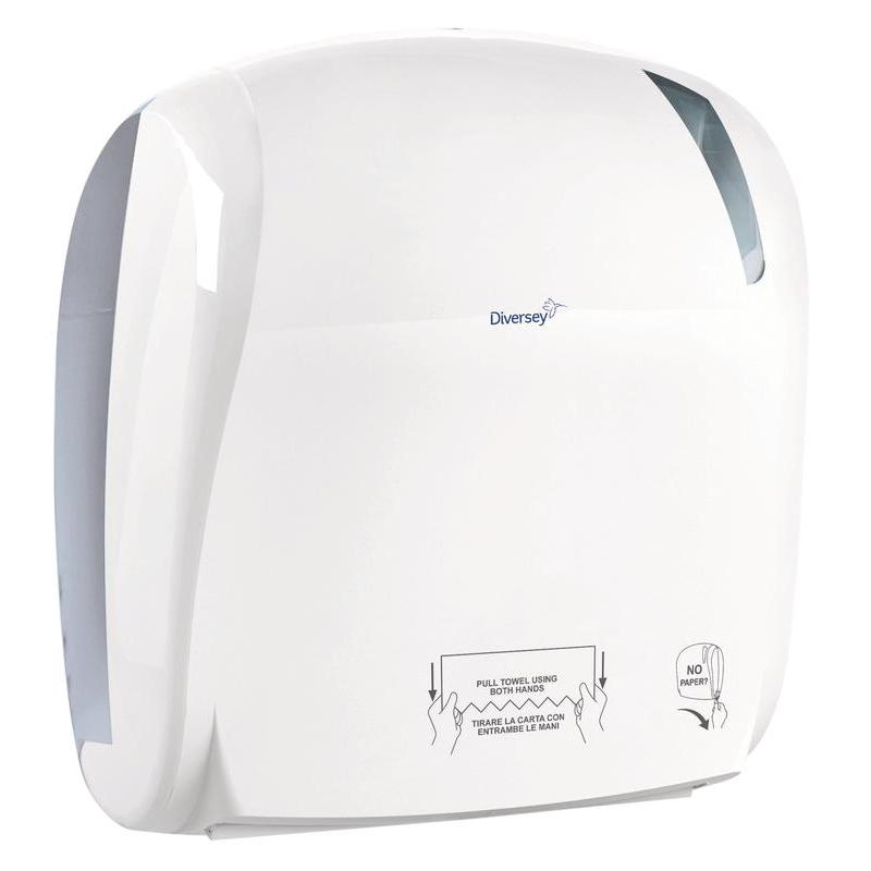 The white plastic towel roll dispenser - autocut from Diversey Deutschland GmbH & Co. OHG offers hygienic paper dispensing, a semi-transparent viewing area, and clear instructions on the front for paper removal (371x330x221 mm).