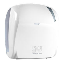 Ein weißer Diversey Deutschland GmbH & Co. OHG Handtuchrollenspender elektrisch - autocut verfügt über eine "Sensor No Touch"-Beschriftung, einfache Piktogramm-Anweisungen, eine glänzende Oberfläche, automatisches Schneiden und ein Fenster zur Anzeige des Handtuchstandes.