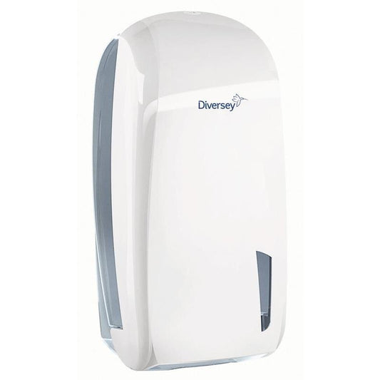 Der Diversey Einzelblatt-Toilettenpapierhalter aus weißem/transparentem Kunststoff (328 x 165 x 135 mm) für Einzelblätter verfügt über ein Sichtfenster und sorgt hygienisch für Toilettenpapier in öffentlichen Sanitärbereichen. Passend für Papier 7523655.