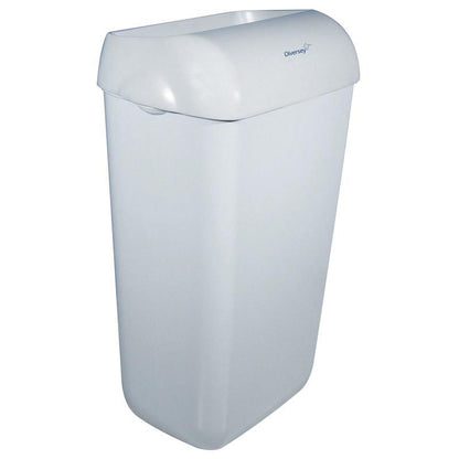 A white, rectangular, wall-mounted waste container with a half-open lid (23 L) from Diversey Deutschland GmbH & Co. OHG bears the brand name in blue letters in the top right corner.