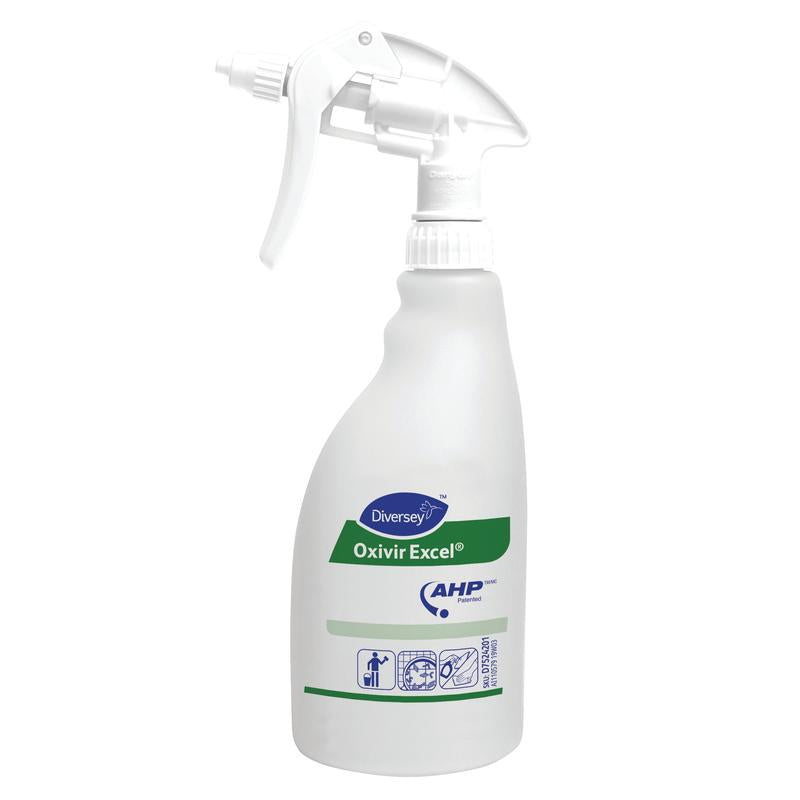 A 500ml empty bottle for Oxivir Excel from Diversey Deutschland GmbH & Co. OHG with green and blue accents, trigger nozzle, and symbols for disinfectant and cleaning applications.