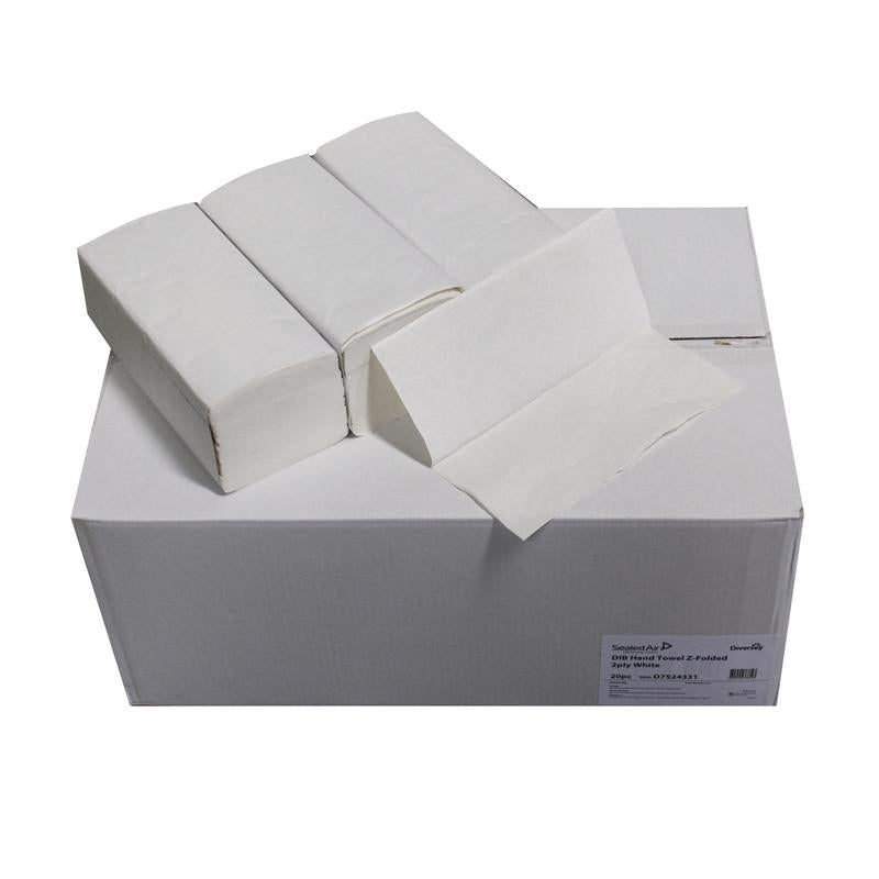 A carton (20 packs) of Diversey fold towels V-fold 2-ply, natural white, made from recycled paper, compatible with dispenser D1228913 - ideal for hygienic hand drying.