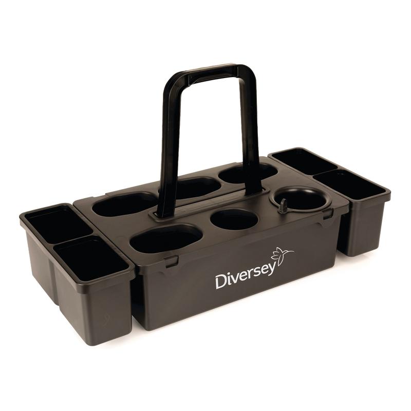 The Room Care carrying basket from Diversey Deutschland GmbH & Co. OHG is a black plastic caddy with a central handle and compartments, ideal for storing product bottles during room cleaning. "Diversey" is printed on the side.