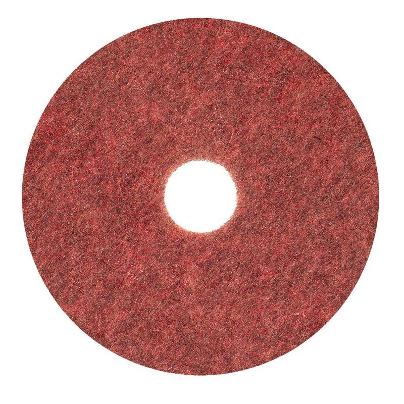 Ein rotes, rundes Diversey Twister Pad TXP Scheuerpad für Steinböden von Diversey Deutschland GmbH & Co. OHG verfügt über eine strukturierte Oberfläche und ein zentrales Loch, das von oben auf einem weißen Hintergrund für eine effiziente Reinigung und Pflege von Steinböden gezeigt wird.