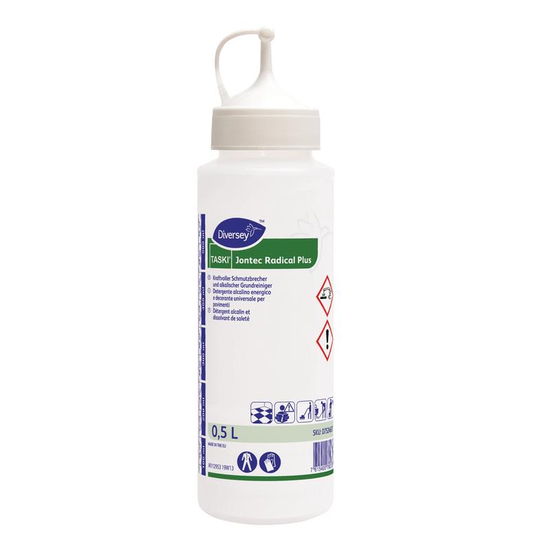 A 0.5L dosing bottle of Jontec Radical Plus from Diversey Deutschland GmbH & Co. OHG with a nozzle cap for precise dosing; label with safety symbols, detailed information, and the colors green, blue, and white.