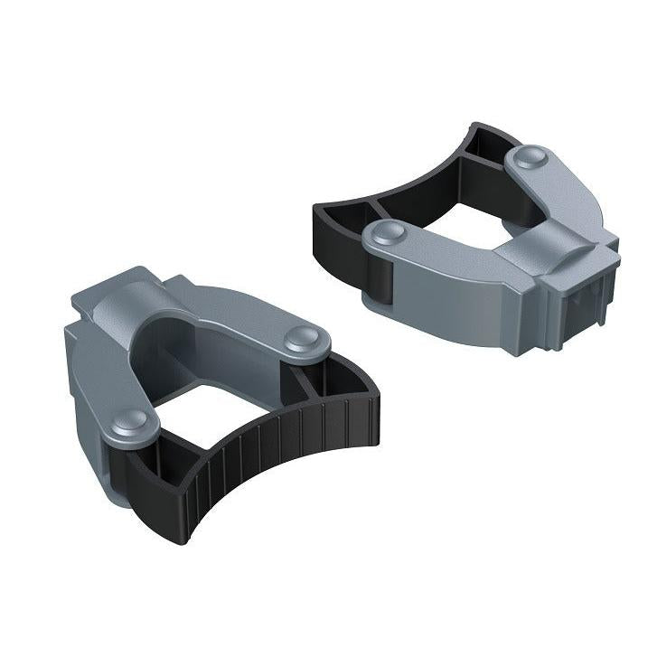 The Diversey Di Protect FixT handle holder (1 piece) in silver and black, with curved lines and ribbed black accents, is ideal for seamless integration with the TASKI Protect Trolley.