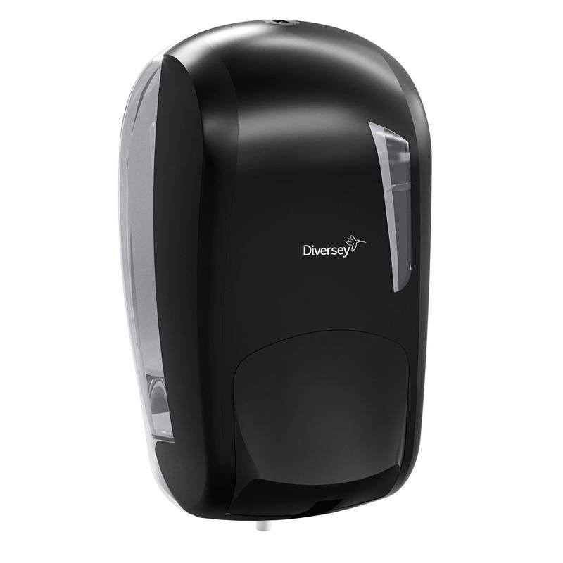 The Soft Care paper towel dispenser from Diversey Deutschland GmbH & Co. OHG is a black paper towel dispenser with a transparent side wall and the Diversey logo, ideal for use with disinfectants in hygiene-sensitive areas.