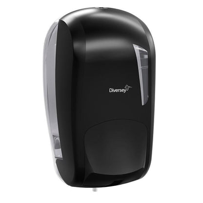 The Soft Care paper towel dispenser from Diversey Deutschland GmbH & Co. OHG is a black paper towel dispenser with a transparent side wall and the Diversey logo, ideal for use with disinfectants in hygiene-sensitive areas.