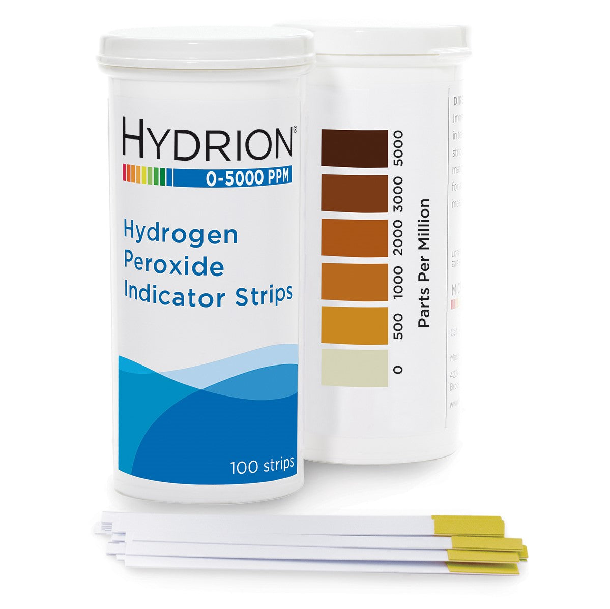 Two cylindrical AHP test strip containers from Diversey Deutschland GmbH & Co. OHG show a label and a 0-5000 ppm color chart. In the front, there are several indicator strips, ideal for testing Oxivir solution (box with 6 packs).