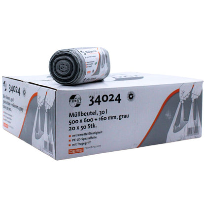 The image shows a box of DEISS First Plus Pcr garbage bags, labeled as 30 liters with the dimensions 500 x 600 + 160 mm. The packaging is made of LDPE and includes 20 rolls with 50 bags each. A person holding the bags is depicted on the box. The product is from the brand EMIL DEISS KG (GmbH + Co.).