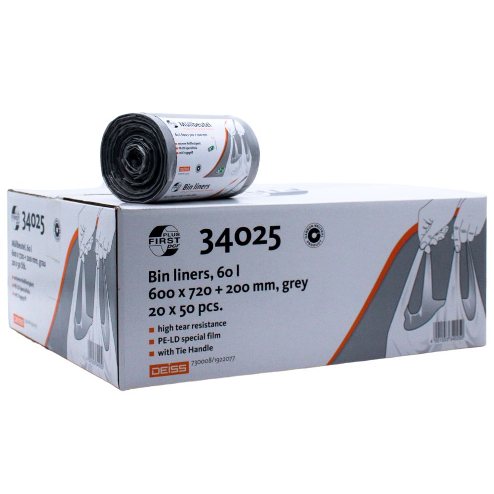 A carton of DEISS First Plus Pcr trash bags 60 liters, 34045 shows a roll on top with the inscription "Trash bags, 60L, 600 x 720 + 200 mm, gray" and is climate-neutral produced with a composition of 40% PCR content. Benefit from the tear resistance of the PE-LD special film with practical carrying handles. The packaging contains 20 rolls of 50 pieces each from EMIL DEISS KG (GmbH + Co.).