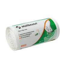 A roll of 80-liter DEISS First Plus® garbage bags, manufactured by EMIL DEISS KG (GmbH + Co.), with green-orange labeling. The Premium-LDPE packaging measures 630 x 850 mm and highlights features such as "extreme tear resistance" and "easy opening".