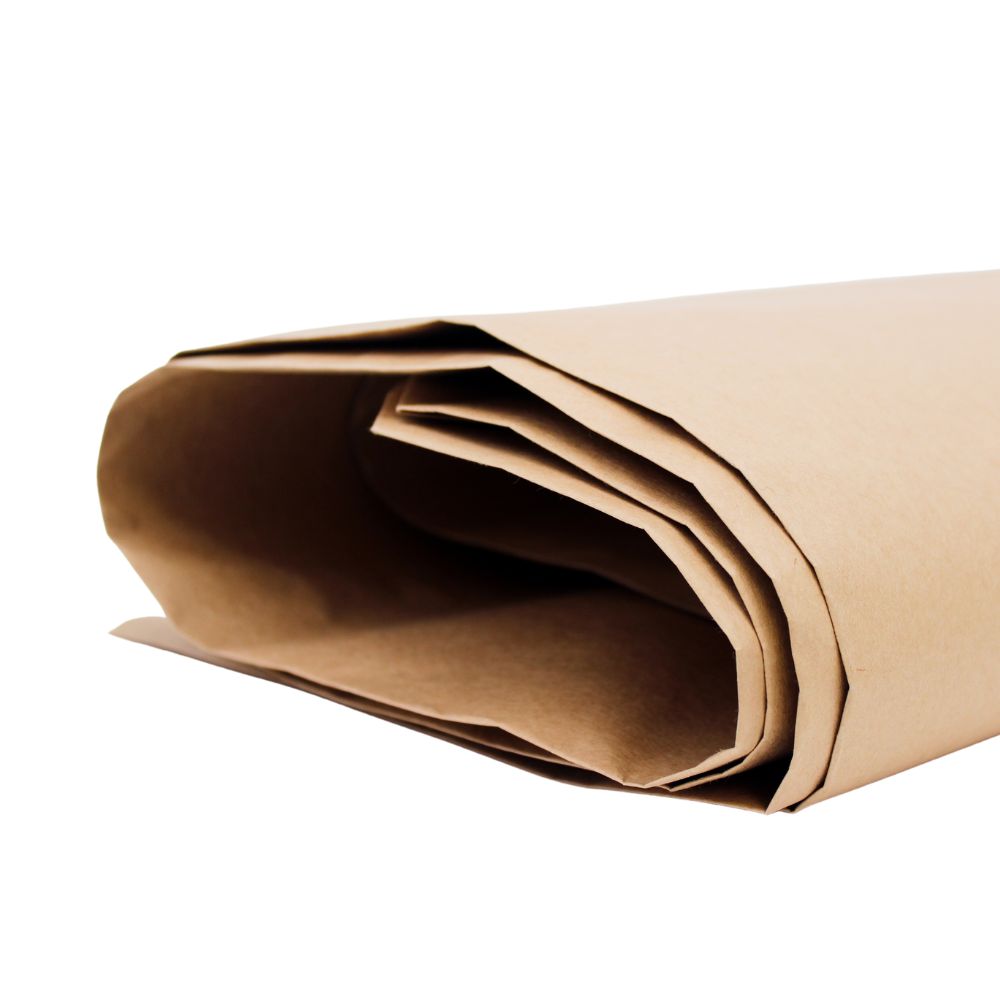 Close-up of DEISS paper bag 120 liters from EMIL DEISS KG (GmbH + Co.): several smooth, unlabelled brown kraft paper bags (pack of 25), partially rolled and stacked with visible edges.