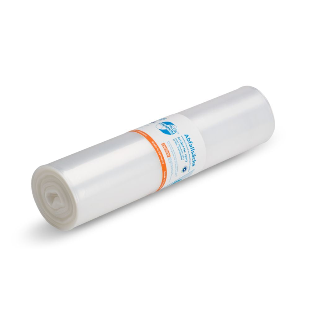 A cylindrical roll of DEISS Premium Plus® 120 Liter Garbage Bags from EMIL DEISS KG (GmbH + Co.) is displayed, each with a white label featuring blue and orange text. The climate-neutral, translucent bags lie on a plain white background and highlight their environmentally friendly recycled material.