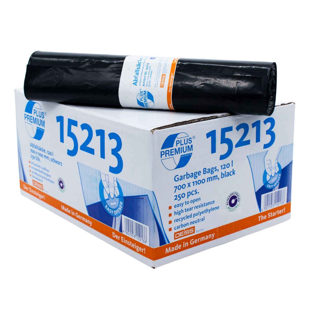 In a white box with the label "15213" from EMIL DEISS KG (GmbH + Co.), there are Recycling-LDPE waste bags DEISS Premium Plus® garbage bags type 60 black, 120 liters, size 700 x 1100 mm. They contain 25 pieces, are easy to open, are particularly tear-resistant, and are produced climate-neutrally in Germany.