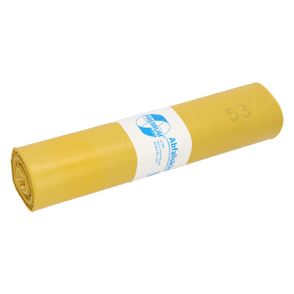 A rolled-up yellow DEISS 13001 garbage bag from EMIL DEISS KG (GmbH + Co.) with a label wrapped around it. The label contains a logo and text, but specific details are not clearly visible. The bag, with a capacity of 120 liters, is clearly marked as Type 60 and emphasizes its role as an important recycling material.